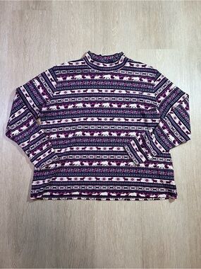 Lands' End Nordic Print Cozy Mockneck Top Purple & White